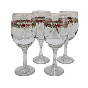 4 Libbey Ribbon Holly Goblets 7.5" water wine gold rim festive holiday Christmas